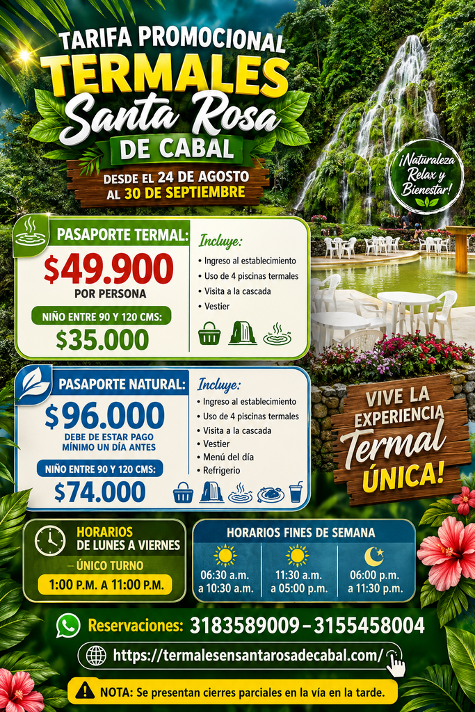 promocion-termales-2026 - Termales Santa Rosa de Cabal, Hotel, Alojamiento, Hospedaje Promotional poster for Termales Santa Rosa de Cabal with waterfall, tropical greenery, and bold prices (,900 and ,000). Includes inclusions and contact info.